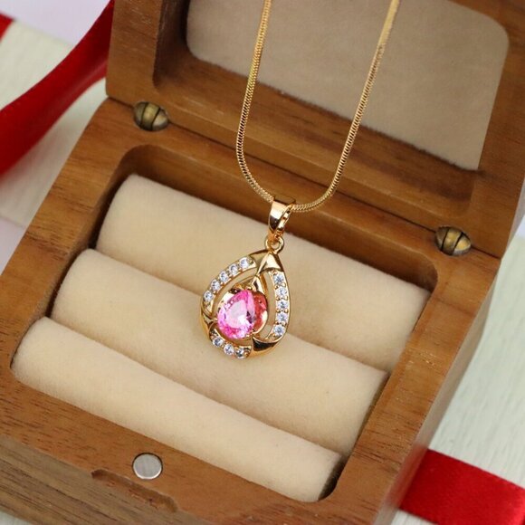 "Teardrop Pink Stone Pendant with Sparkling Accents in Gold Finish, XPPT1799 - Picture 10 of 13